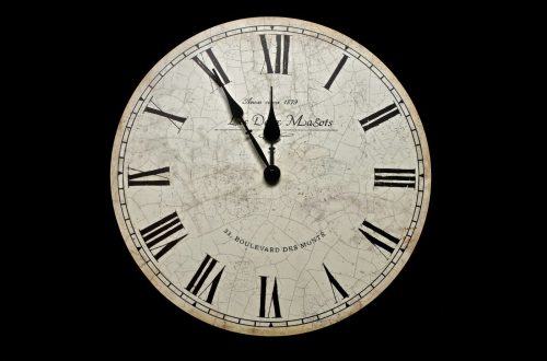A round wall clock with a cracked white face and black Roman numerals